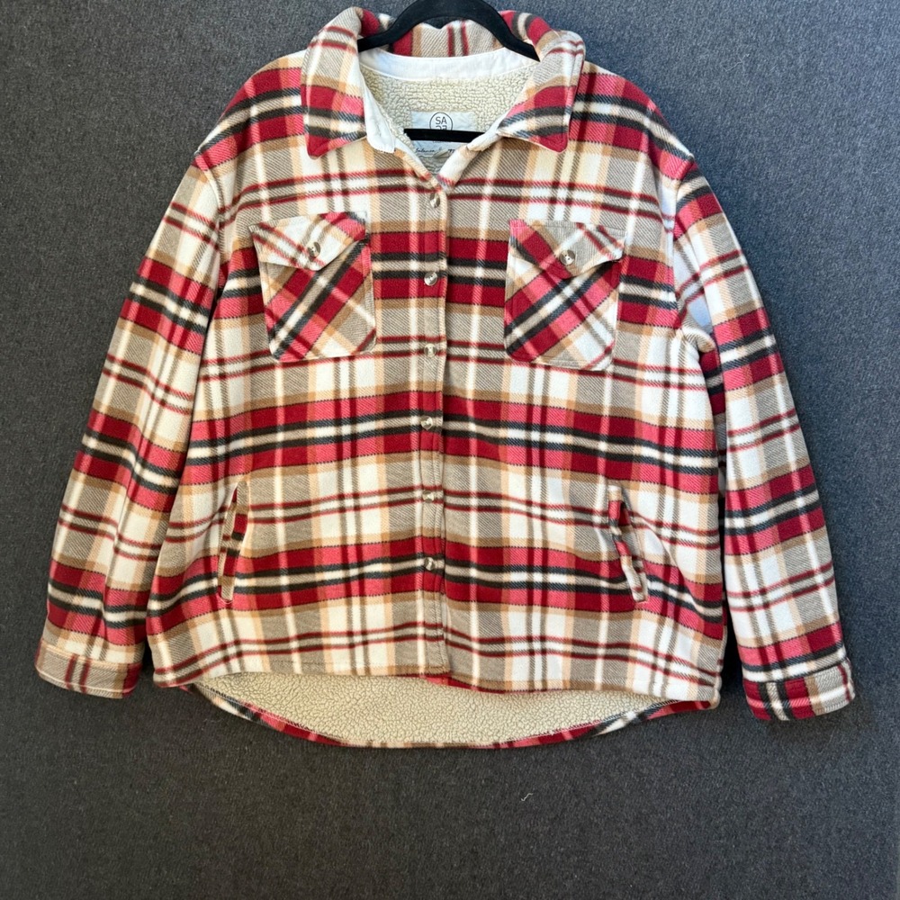 Women's XXL Plaid Sherpa Lined Flannel Jacket Shacket Red Button Front Oversized